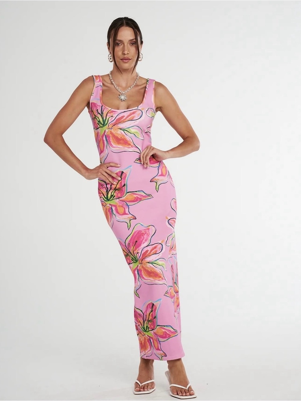 Pink Floral Scoop Neck Maxi Dress